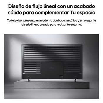 LG QNED AI QNED74 Mini LED is shown from the back, revealing a metallic rear panel with evenly spaced horizontal ridges that create a clean, structured look and emphasize the Linear Flow Design across the entire surface.